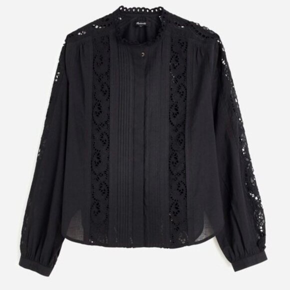 NWT Madewell Black Lace-Inset Pintucked Button-Up Top - Size: XXS - Picture 9 of 13